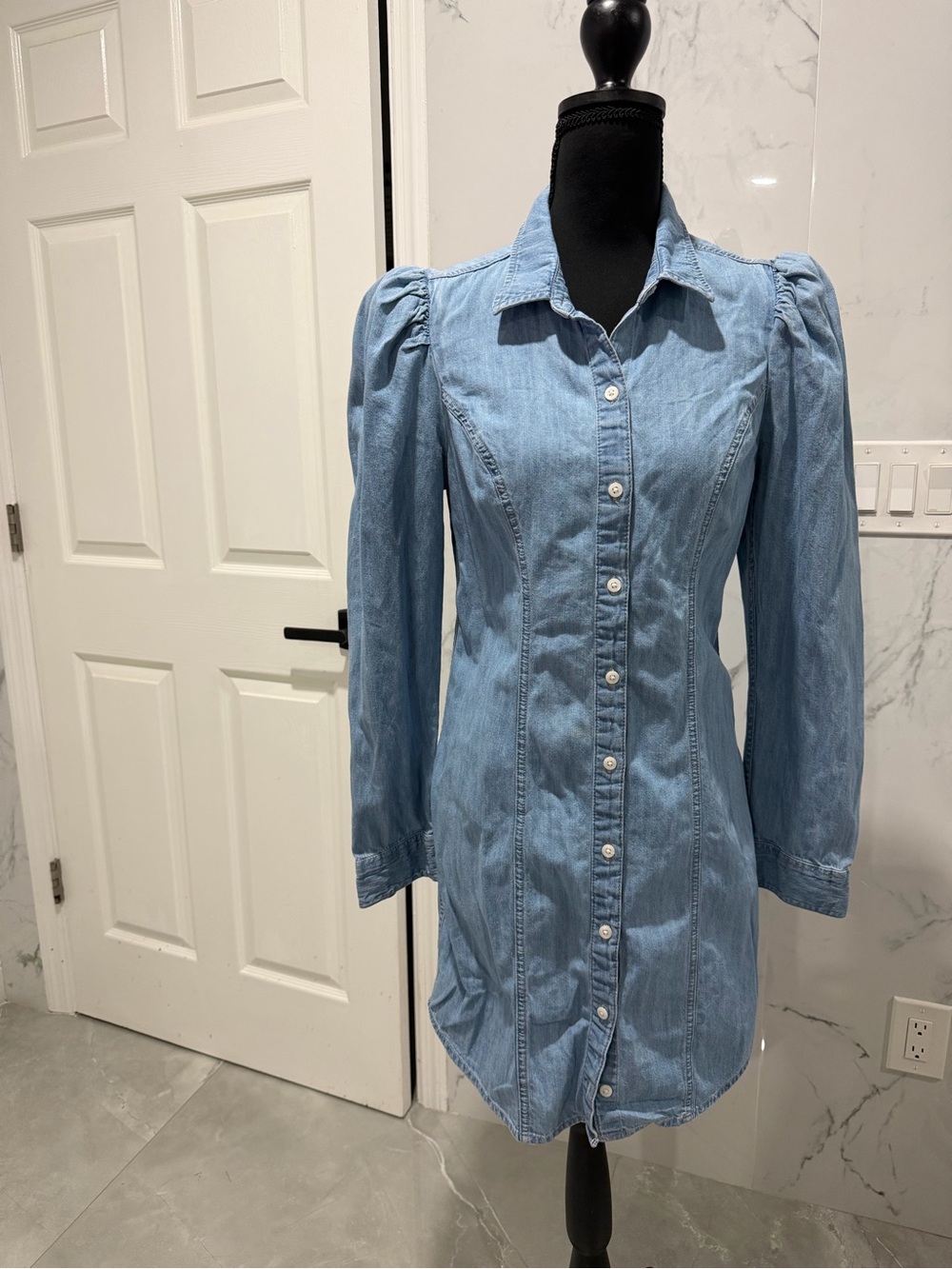Express Light Blue Denim Button-Down Shirt Dress with Puff Sleeves